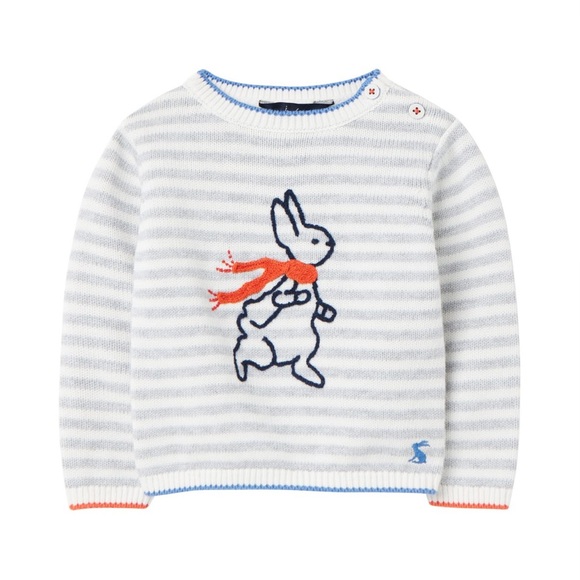 Joules Striped Sweater with Bunny Design - White and Blue - Picture 1 of 9